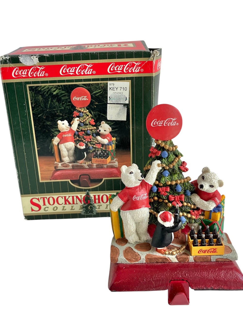 Vintage 1997 Coca Cola Stocking Holder Polar Bear Cubs Penguin 90s Christmas